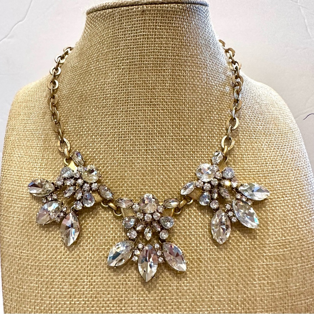 J. Crew Statement Necklace Rhinestone gold tone / 3 large clear crystal clusters